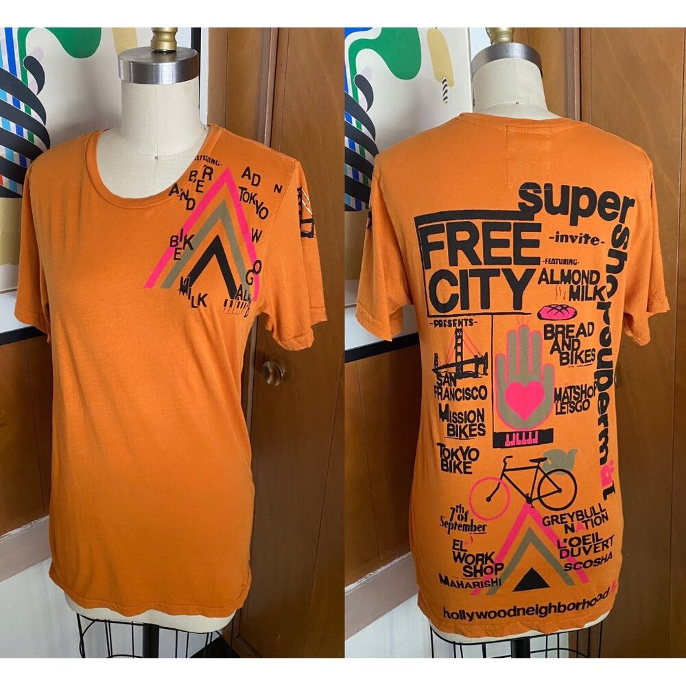 FREE CITY Unisex Supershop Supermat Sz M T shirt Deadstock VTG TShirt Tee orange